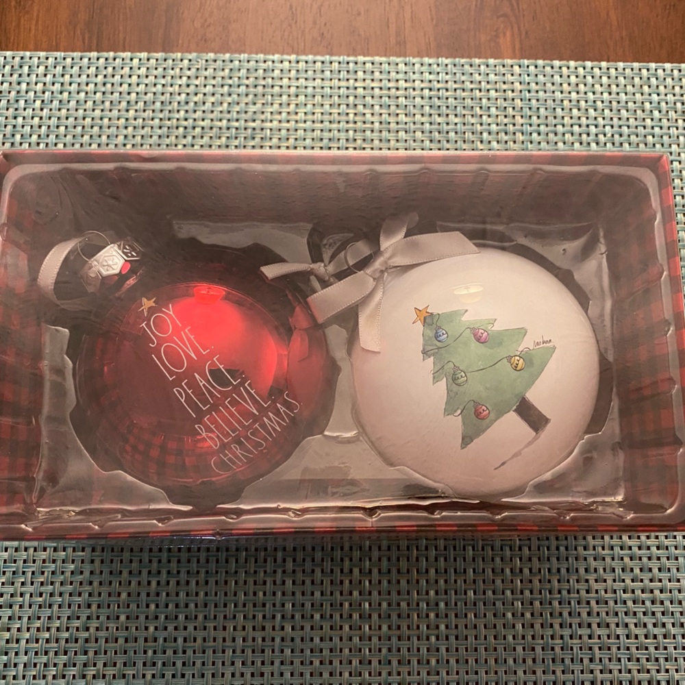 *SOLD* Rae Dunn Holiday|Glass Christmas Ornament Pair - Christmas Tree & Joy